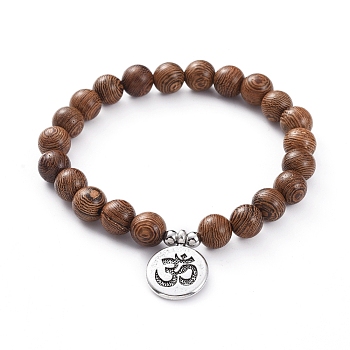 Unisex Wood Beads Stretch Charm Bracelets, with 304 Stainless Steel Beads and Tibetan Style Alloy Pendants, Flat Round with Om Symbol, Antique Silver & Stainless Steel Color, 2-3/8 inch(6cm)