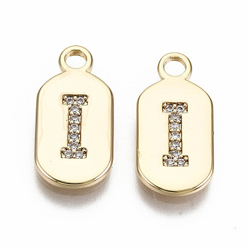 Brass Micro Pave Clear Cubic Zirconia Pendants, Nickel Free, Real 18K Gold Plated, Oval with Word, Letter.I, 16x7.5x1.5mm, Hole: 1.8mm