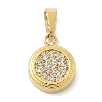 Ion Plating(IP) 304 Stainless Steel Micro Pave Cubic Zirconia Pendants, Flat Round, 11x8.5x2.5mm, Hole: 4.5x2.5mm