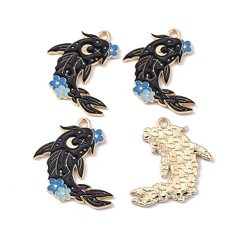 Zine Alloy Enamel Pendants, Dolphin Charms, Light Gold, Black, 27.5x24x1.2mm, Hole: 2mm