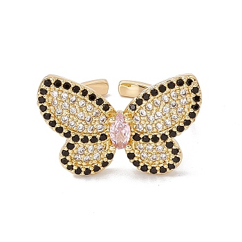 Pink Cubic Zircon Butterfly Open Cuff Ring, Rack Plating Brass Jewelry for Women, Cadmium Free & Nickel Free & Lead Free, Real 18K Gold Plated, US Size 6 1/2(16.9mm)