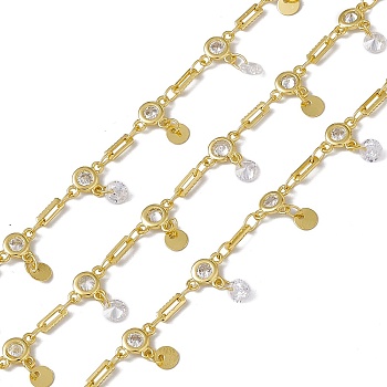 Brass Rectangle & Cubic Zirconia Flat Round Link Chains, with Flat Round Charms, with Spool, Soldered, Long-Lasting Plated, Cadmium Free & Nickel Free & Lead Free, Real 18K Gold Plated, 8.5x6.5x2mm and 6x2x0.5mm