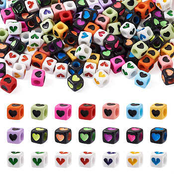 Cheriswelry 450Pcs 3 Style Opaque Acrylic Beads, Cube with Heart Pattern, Mixed Color, 7x7x7mm, Hole: 4mm, 150pcs/style