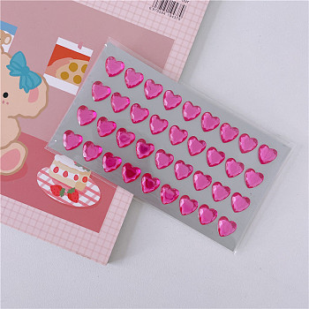 Acrylic Rhinestone Self-Adhesive Stickers, Waterproof Bling Faceted Heart Crystal Decals for Party Decorative Presents, Kid's Art Craft, Fuchsia, Heart: 12mm, about 36pcs/sheet