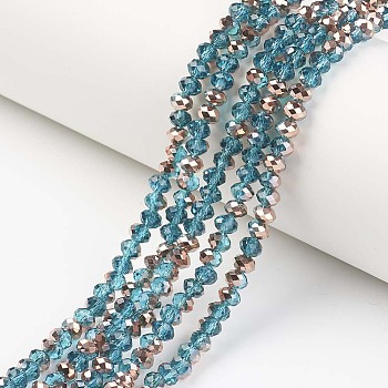 Electroplate Transparent Glass Beads Strands, Half Copper Plated, Faceted, Rondelle, Dodger Blue, 3.5x3mm, Hole: 0.4mm, about 123~127pcs/strand, 13.7~14.1 inch(35~36cm)