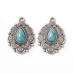 Synthetic Turquoise Pendants, Teardrop Charms, with Rack Plating Alloy Oval Findings, Antique Silver, 34x24x6mm, Hole: 3mm(PALLOY-D013-01AS)