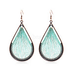 Bohemia Style Alloy Dangle Earrings, with Cotton Thread and Metallic Cord, Teardrop, Red Copper, Aquamarine, 93x45mm(EJEW-F238-06A)