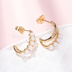 Brass Micro Pave Clear Cubic Zirconia C-Shaped Stud Earringss, with ABS Imitation Pearl, Real 16K Gold Plated, 16x5.5mm(EJEW-A152-02G)
