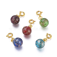 Handmade Gold Sand Lampwork Pendants, with Brass Spring Clasps and Peg Bails, Round, Golden, Mixed Color, 25mm; Pendant: 15x10mm(HJEW-F006-02-G)