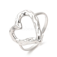 201 Stainless Steel Open Cuff Ring, Hammered Hollow Heart Finger Ring for Women, Stainless Steel Color, US Size 8 1/4(18.3mm), 1.5mm(RJEW-E063-51P)