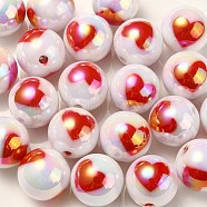 UV Plating Rainbow Iridescent Acrylic Beads, Round with Heart Pattern, Red, 16x15mm, Hole: 3mm(X1-OACR-F004-09H)