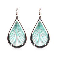 Bohemia Style Alloy Dangle Earrings, with Cotton Thread and Metallic Cord, Teardrop, Red Copper, Aquamarine, 93x45mm(EJEW-F238-06A)
