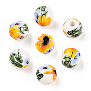 Handmade Porcelain Beads, Round with Sunflower Pattern, White, 8mm, Hole: 1.8mm(PORC-E021-01B)
