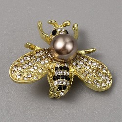 White Imitation Pearl with Rhinestone Bee Brooch Pin, Alloy Badge for Backpack Clothes, Light Gold, 28x36x17mm, Pin: 0.8mm(AJEW-WH0329-82E)