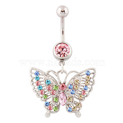 Butterfly Rhinestone Charm Belly Ring, Navel Ring, Piercing Jewelry for Women, Colorful, 45x27mm, Pin: 1.6mm, Head: 5mm(BUER-PW0001-029A)