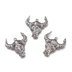 304 Stainless Steel Pendants, OX Head, Antique Silver, 28x24.5x4mm, Hole: 1.6mm(STAS-F263-14AS)