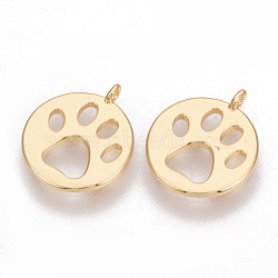 Brass Charms, Flat Round with Dog Paw Prints, Nickel Free, Real 18K Gold Plated, 14x12x1mm, Hole: 1mm(KK-T025-28G)