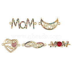 5Pcs 5 Styles Mother's Day Brass Micro Pave Colorful Cubic Zirconia Connector Charms, Heart & Moon & Infinity with Word Mom, Mixed Shapes, Golden, 7~16x21.5~33.5x2~3mm, Hole: 1.2~1.6mm, 1pc/style(ZIRC-SZ0004-58)