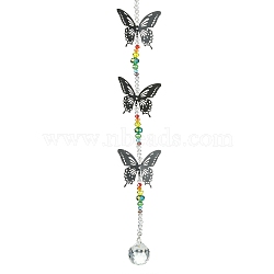 Faceted Round Glass Pendant Decorations, Glass Beads and 430 Stainless Steel Butterfly Links Pendants, for Home Decorations, Stainless Steel Color, 310mm(HJEW-TA00144)