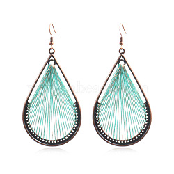 Bohemia Style Alloy Dangle Earrings, with Cotton Thread and Metallic Cord, Teardrop, Red Copper, Aquamarine, 93x45mm(EJEW-F238-06A)