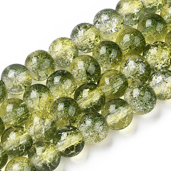 Two-Tone Crackle Baking Painted Transparent Glass Beads Strands, Round, Olive Drab, 8mm, Hole: 1.5mm, about 108~110pcs/strand, 30.71 inch~31.50 inch(78~80cm)