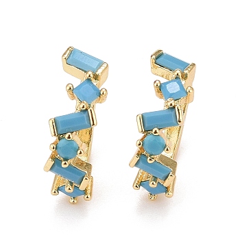Cubic Zirconia Star Cuff Earrings, Real 18K Gold Plated Brass Jewelry for Non Piercing, Lead Free & Cadmium Free, Deep Sky Blue, 16x13x5mm, Inner Diameter: 9mm