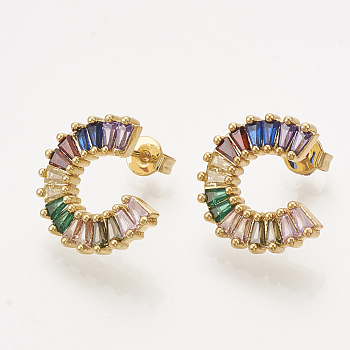 Brass Cubic Zirconia Stud Earrings, Half Hoop Earrings, with Ear Nuts, Horseshoe, Colorful, Golden, 15.5x14mm, Pin: 0.7mm