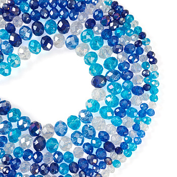 6 Strands 3 Styles Glass Beads Strands, Faceted, Rondelle, Blue, 4~8x3~6mm, Hole: 0.4~1mm, 2 strands/style