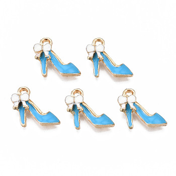Rack Plating Alloy Enamel Charms, Free & Nickel Free & Lead Free, High Heels with White Bowknot, Deep Sky Blue, 12.5x14x4mm, Hole: 1.6mm