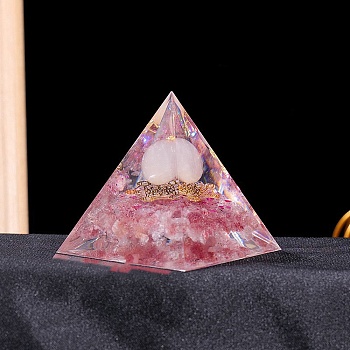 Resin Energy Generators, Reiki Natural Strawberry Quartz Chips Orgonite Pyramid for Home Office Desk Decoration, 60mm