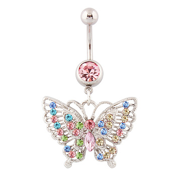 Butterfly Rhinestone Charm Belly Ring, Navel Ring, Piercing Jewelry for Women, Colorful, 45x27mm, Pin: 1.6mm, Head: 5mm