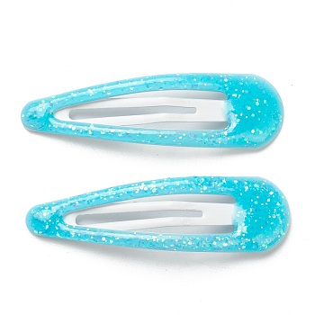 Cute Iron Snap Hair Clips, with Enamel and Powder, Teardrop, for Childern, Cyan, 48.5x14x2mm