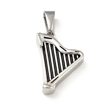 304 Stainless Steel Pendants,  Harp, Antique Silver, 29x19x6mm, Hole: 8.5x4.5mm