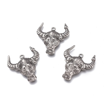 304 Stainless Steel Pendants, OX Head, Antique Silver, 28x24.5x4mm, Hole: 1.6mm