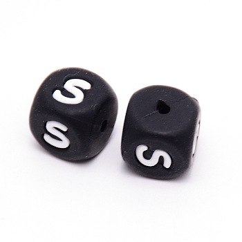 Silicone Beads, Cube with Letter.S, Black, 12x12x12mm, Hole: 2mm