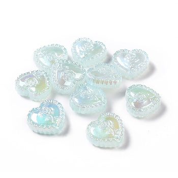 UV Plating Rainbow Iridescent Acrylic Beads, Heart with Rose Flower, Aquamarine, 25x27.5x9.2mm, Hole: 3.6mm