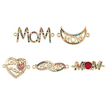 5Pcs 5 Styles Mother's Day Brass Micro Pave Colorful Cubic Zirconia Connector Charms, Heart & Moon & Infinity with Word Mom, Mixed Shapes, Golden, 7~16x21.5~33.5x2~3mm, Hole: 1.2~1.6mm, 1pc/style