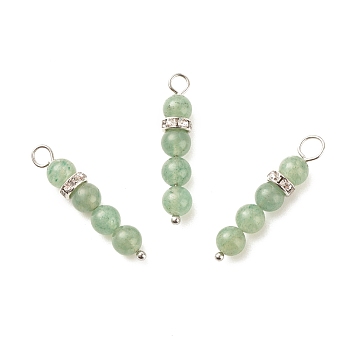 Natural Green Aventurine Pendants, with Platinum Tone Brass Crystal Rhinestone Spacer Beads, 30~34x6.5mm, Hole: 3.3mm