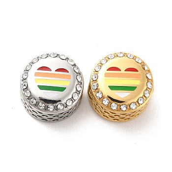 304 Stainless Steel European Beads, with Enamel & Rhinestone, Large Hole Beads, Flat Round with Heart, Golden & Stainless Steel Color, 12x8mm, Hole: 4mm
