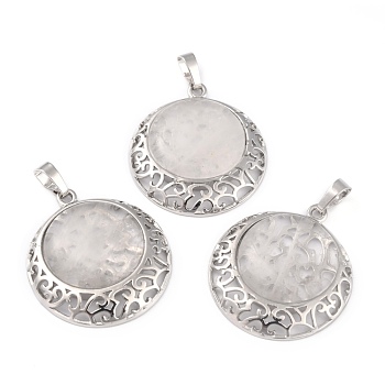 Natural Quartz Crystal Pendants with Hollow Platinum Brass Findings, Flat Round, 33.5x30x6mm, Hole: 8x5mm