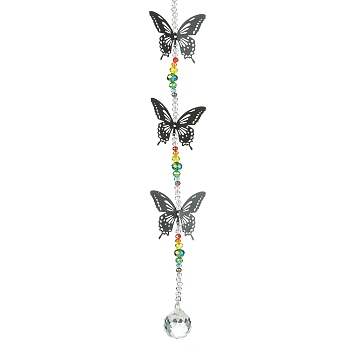 Faceted Round Glass Pendant Decorations, Glass Beads and 430 Stainless Steel Butterfly Links Pendants, for Home Decorations, Stainless Steel Color, 310mm