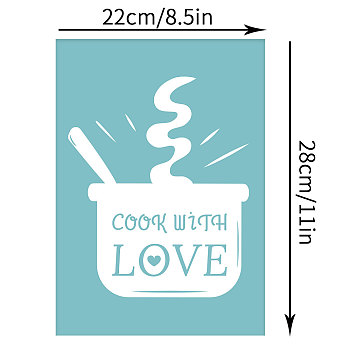 Self-Adhesive Silk Screen Printing Stencil, for Painting on Wood, DIY Decoration T-Shirt Fabric, Pot with Word COOK WITH LOVE, Sky Blue, 28x22cm