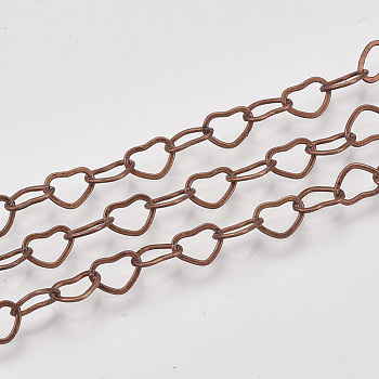Soldered Brass Covered Iron Heart Chains, with Spool, Red Copper, 4x6x0.5mm, about 328.08 Feet(100m)/roll