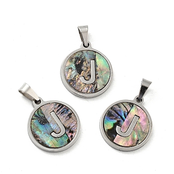 304 Stainless Steel with Paua Shell Pendants, Stainless Steel Color, Flat Round with Letter Charm, Letter.J, 18x16x1.5mm, Hole: 3x6mm