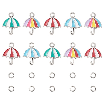 Umbrella Alloy Enamel Pendants, with Brass Open Jump Rings, Mixed Color, Pendants: 19.5x15x2mm, hole: 2.2mm, 10pcs; Jump Rings: 20 Gauge, 4x0.8mm, Inner Diameter: 2.4mm, 10pcs