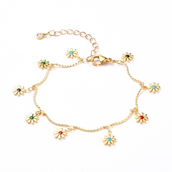 Brass Enamel Charm Anklets, with Bar Link Chains and 304 Stainless Steel Lobster Claw Clasps, Flower, Golden, Colorful, 9-5/8 inch(24.5cm)