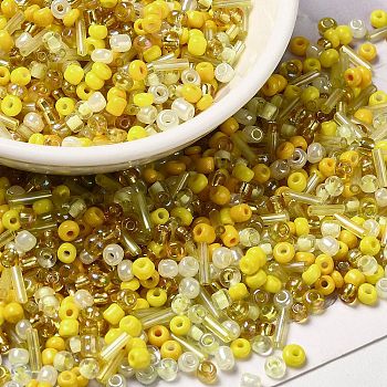 Opaque & Transparent Inside Colours Glass Seed Beads, Round Hole, Round & Tube, Yellow, 1.5~9x2~3x2~3mm, Hole: 0.8~1mm, about 450g/bag