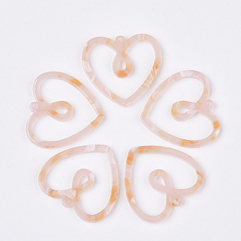 Cellulose Acetate(Resin) Pendants, Heart, Pink, 30x32x2mm, Hole: 1.4mm