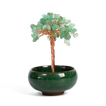 Undyed Natural Green Aventurine Chips Tree of Life Display Decorations, with Random Color Porcelain Bowls, Copper Wire Wrapped Feng Shui Ornament for Fortune, 66x100~110mm