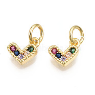 Brass Micro Pave Cubic Zirconia Charms, with Jump Ring, Heart, Real 16K Gold Plated, Nickel Free, Colorful, 8x8x2mm, Jump Ring: 5x1mm, 3mm inner diameter(KK-N227-33G-07-NF)